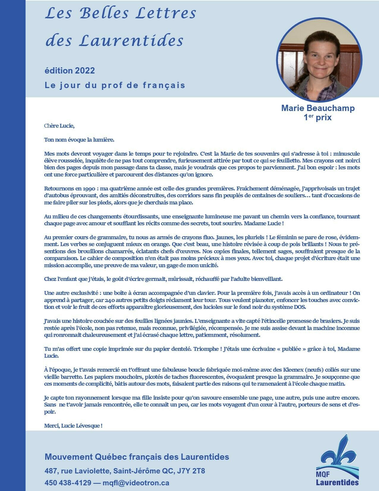 Les Belles Lettres des Laurentides 2022/Texte du premier prix